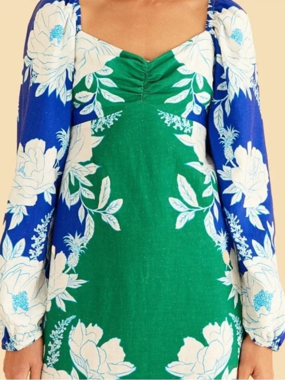 Farm Rio Soft Garden Mini Dress Linen Puff Sleeve Sweetheart Floral Blue NWT XS - Picture 3 of 10